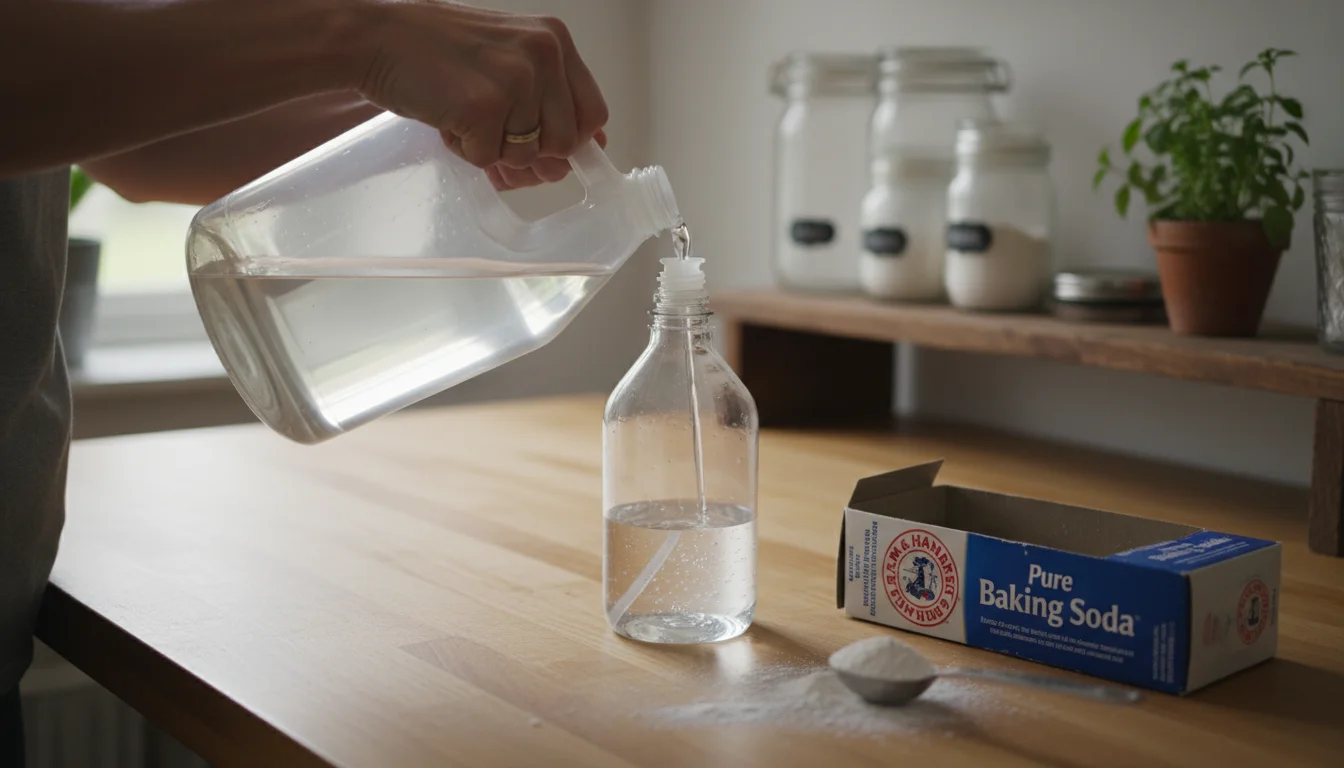 Hands pouring vinegar into a reusable spray bottle next to an open box of baking soda on a kitchen counter. A dog toy is softly visible in the backgro