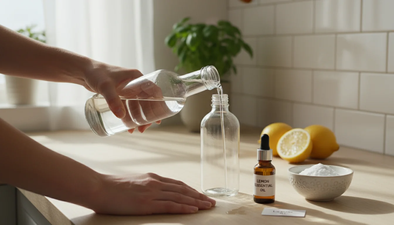Hands pouring white vinegar into a glass spray bottle, with baking soda and lemon essential oil on a clean kitchen counter.