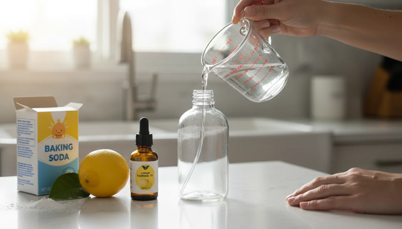 Hands pouring white vinegar into a glass spray bottle on a kitchen counter, surrounded by baking soda, a lemon, and essential oil.