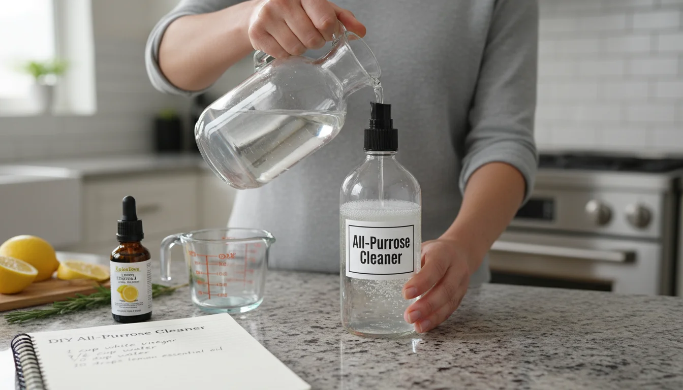 Hands pouring white vinegar into a spray bottle on a kitchen counter, with lemon oil and a handwritten recipe nearby.