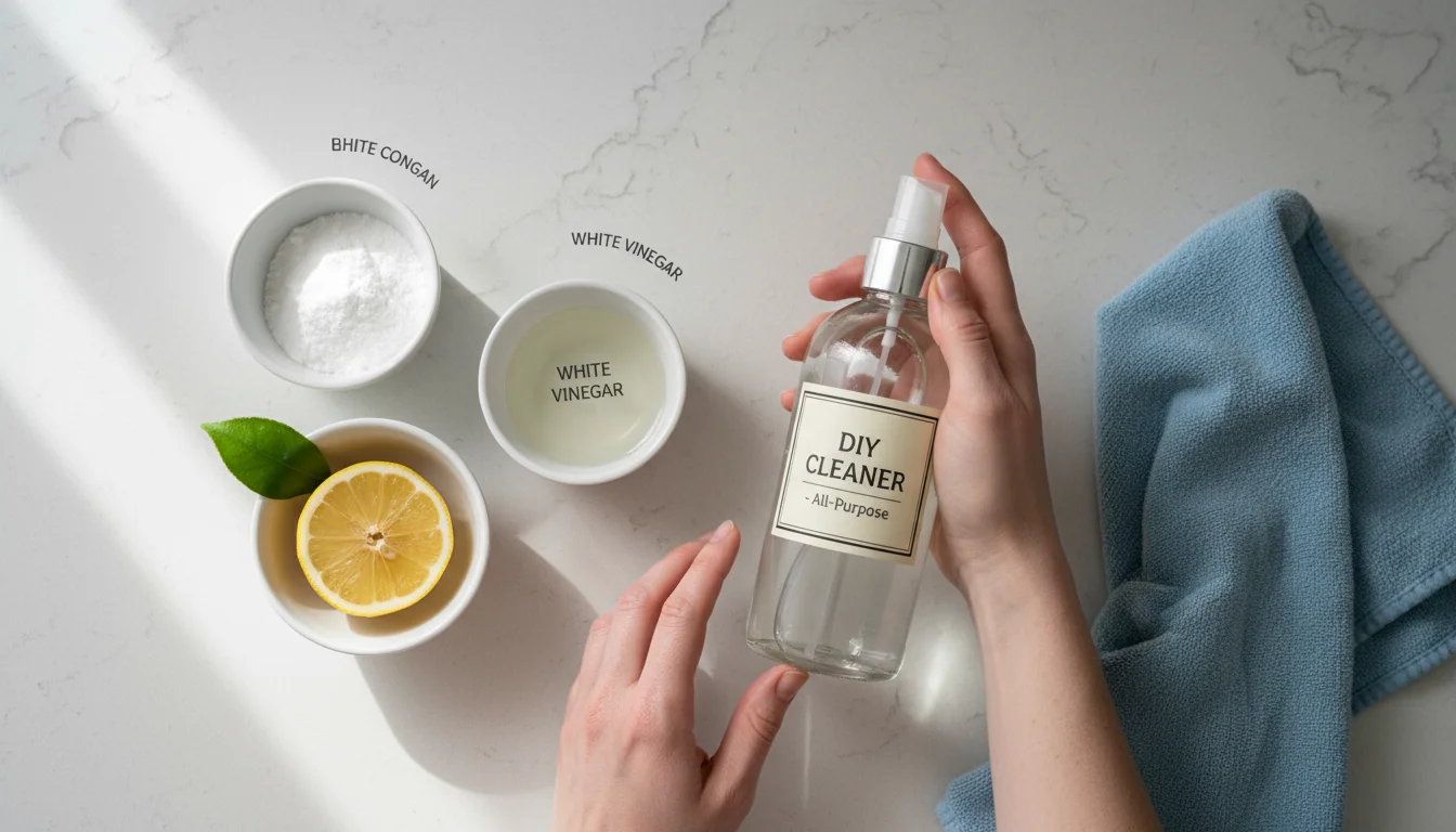 Hands preparing DIY cleaning solutions with white vinegar, baking soda, and a lemon on a clean kitchen counter.