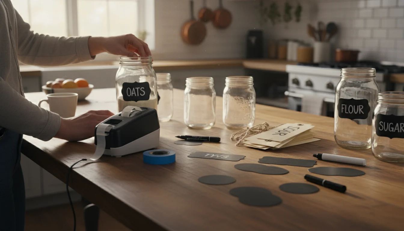 Hands preparing various pantry labels on a sunlit kitchen island, showcasing a label maker, chalkboard labels, and handwritten tags.