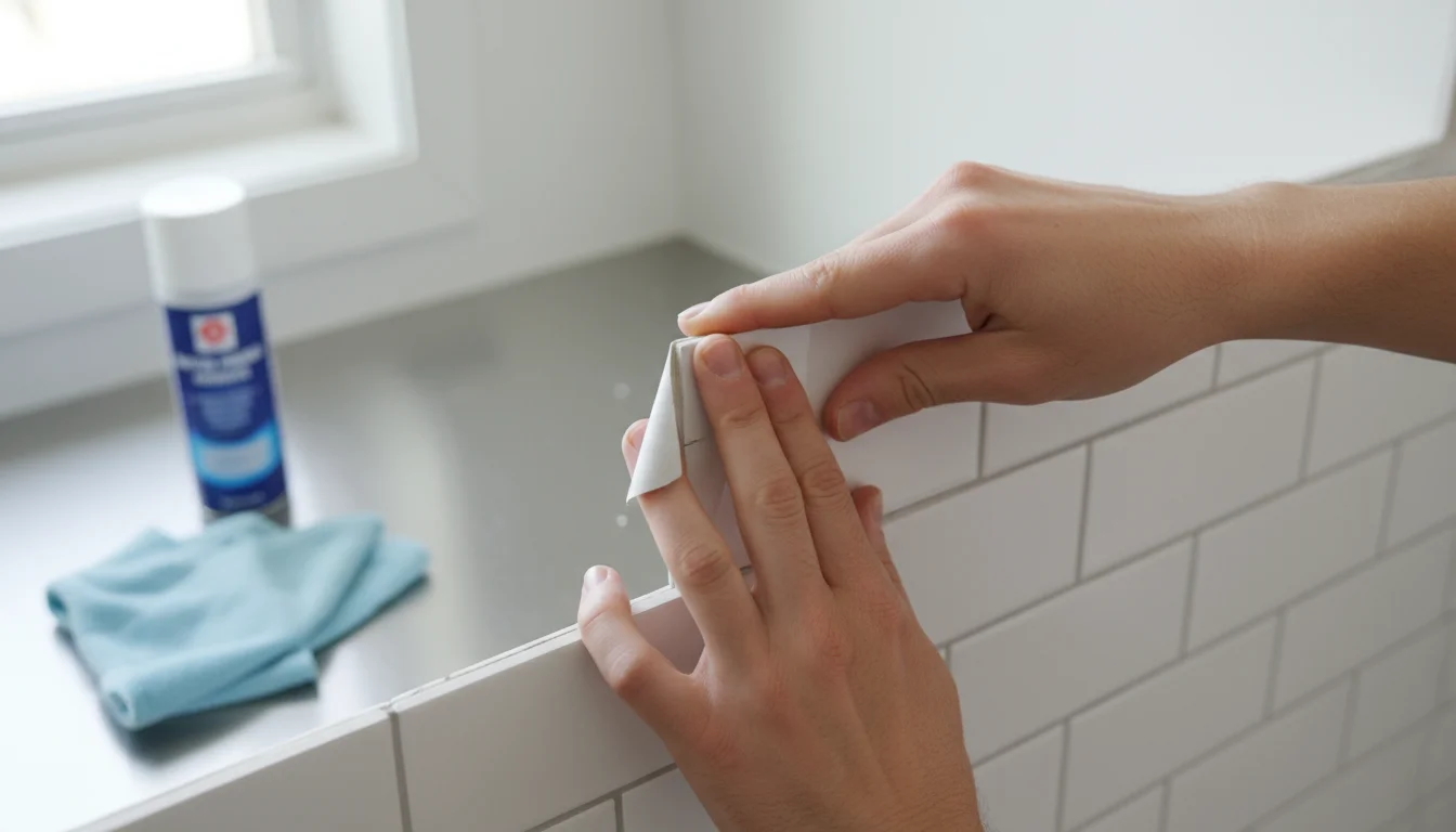 Hands pressing firmly on a white subway-style peel-and-stick tile to secure it to a kitchen wall.