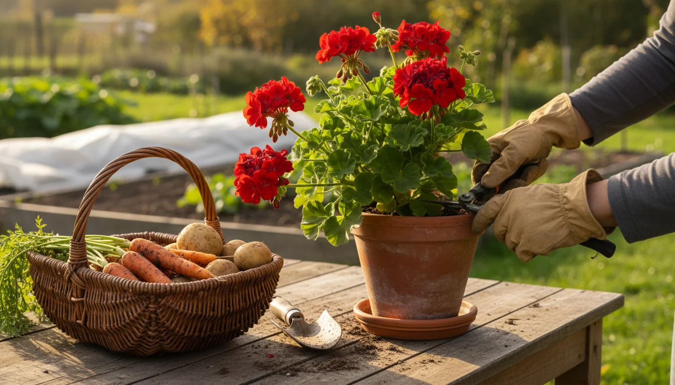 Hands pruning a potted geranium on a wooden bench next to a basket of freshly dug, soil-dusted carrots and potatoes.