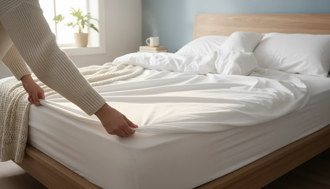 Close-up of hands pulling a crisp white sheet over a mattress in a sunlit, cozy bedroom, conveying fresh starts and simple comfort.