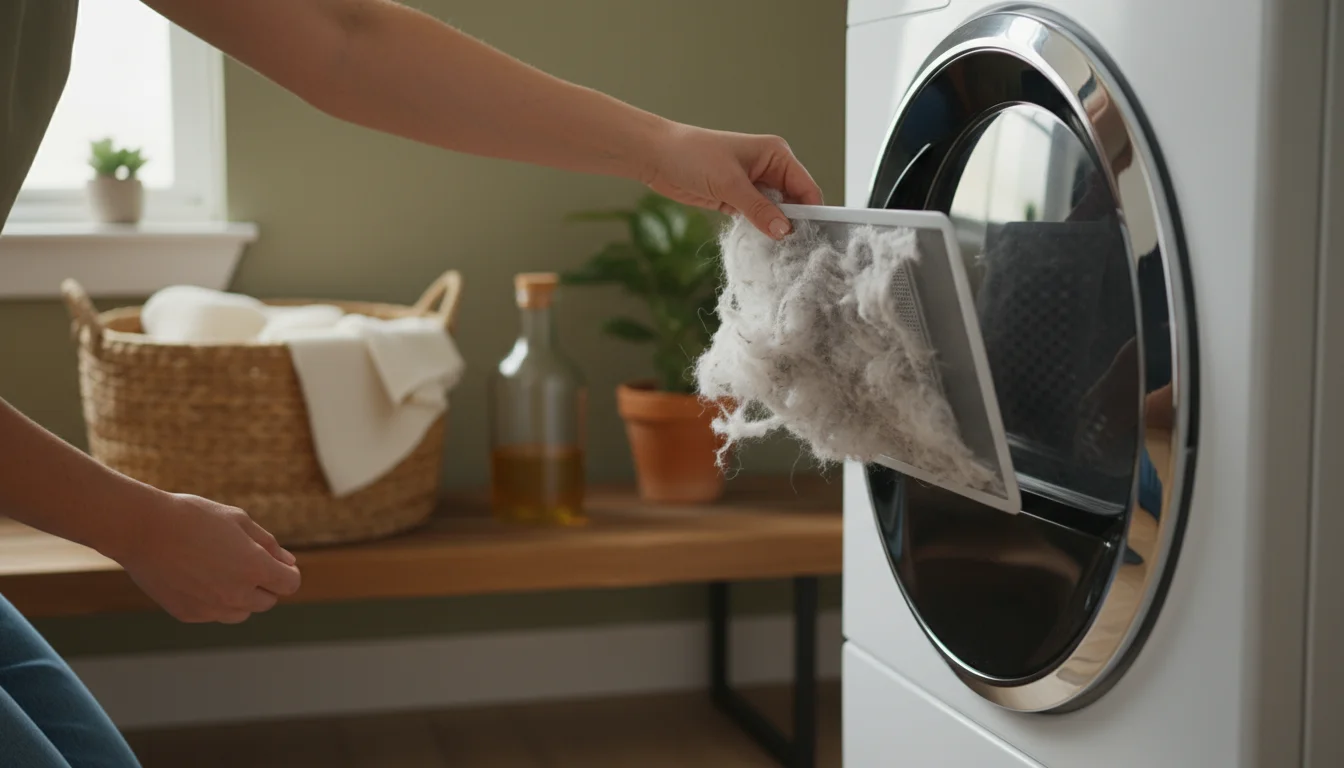 Hands pulling a lint trap from a white dryer, revealing a fluffy layer of lint. A neat laundry space with a wicker basket in the soft background.