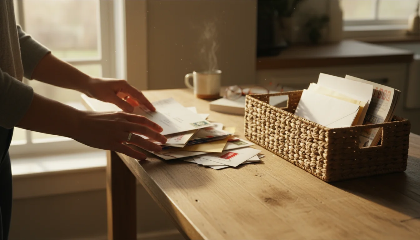 Hands quickly sorting through a small stack of mail on a rustic wooden table next to a neat mail organizer.