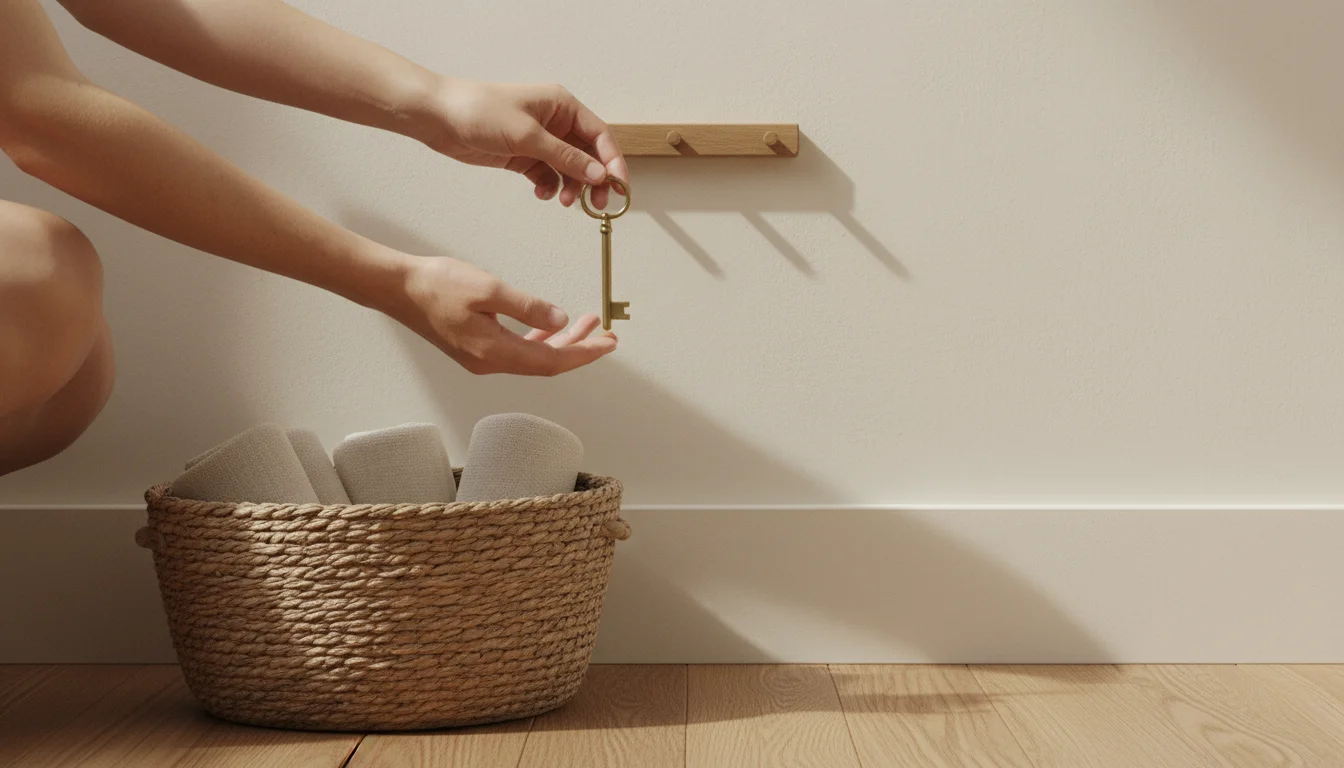 Hands reaching for a key on a wooden hook. A woven basket on a shelf below holds mail and sunglasses in a tidy entryway.
