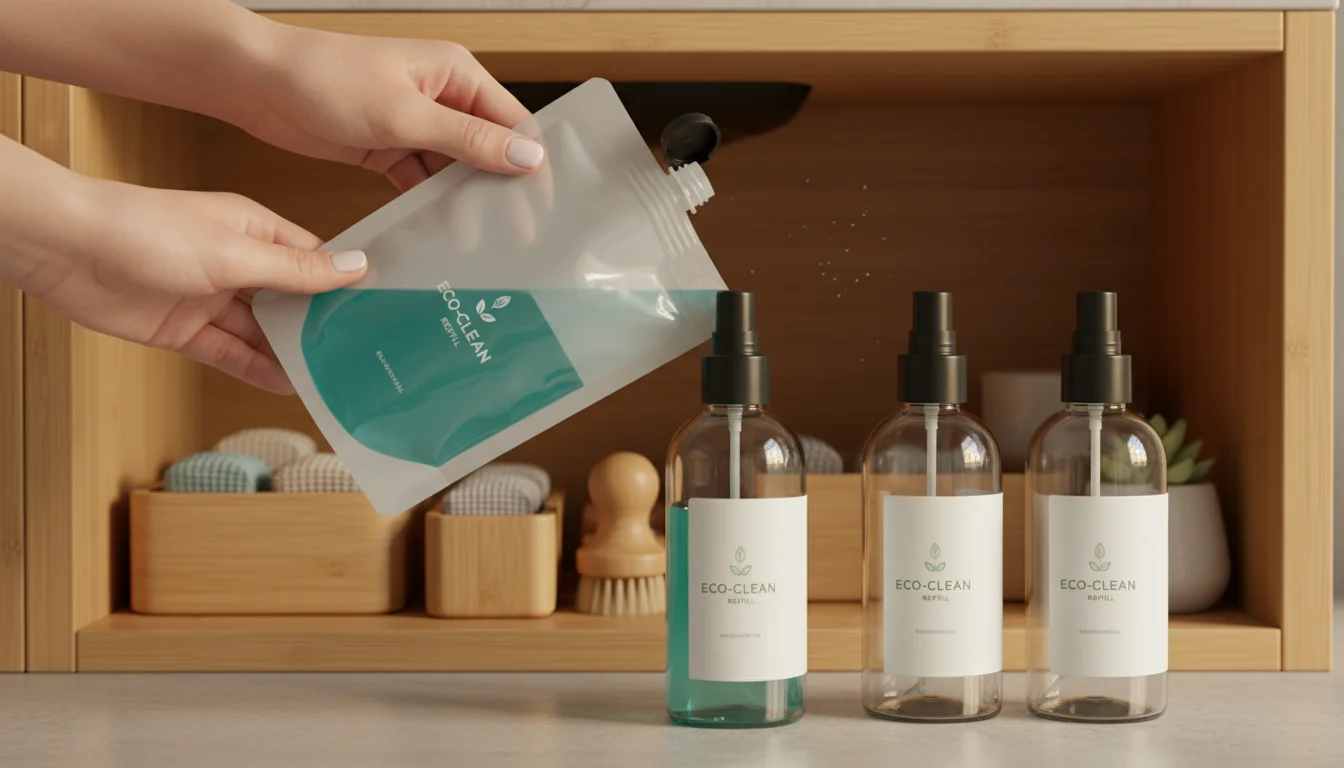 Hands refilling a labeled spray bottle from a concentrate pouch, surrounded by other reusable bottles, baking soda, and vinegar in a decluttered under