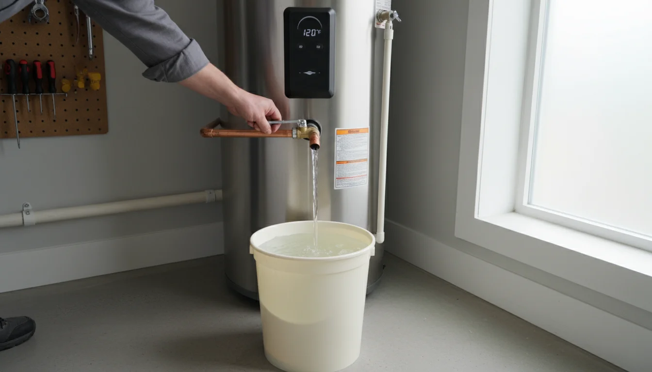 Hands releasing a water heater's T&P valve lever as water flows into a bucket on a concrete floor.