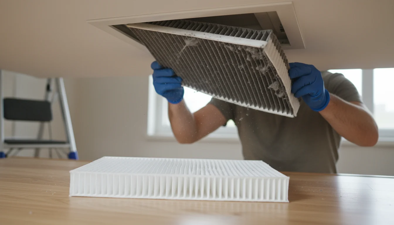 Hands removing a dark, dirty air filter from a ceiling vent. A new, white filter sits nearby, ready for replacement.