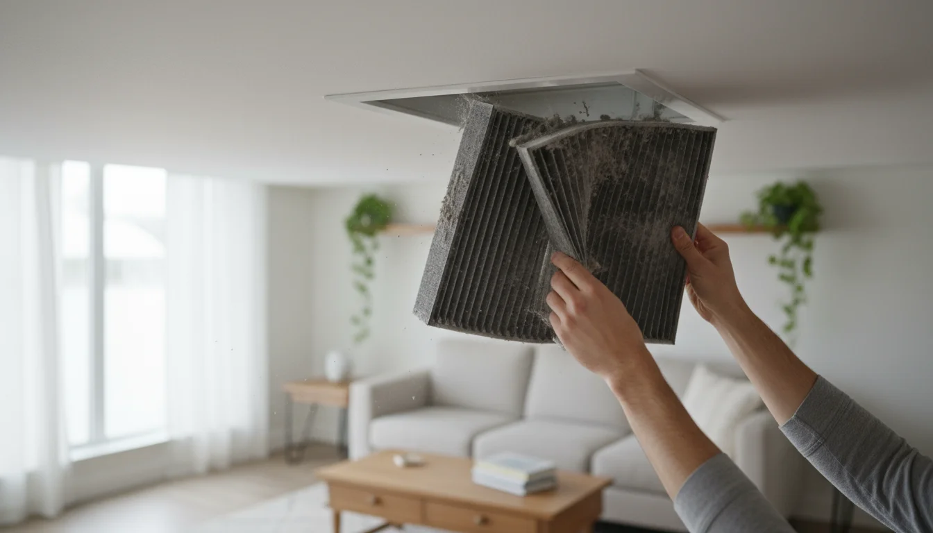 Hands removing a very dirty, dusty air filter from a ceiling vent, highlighted by natural window light.