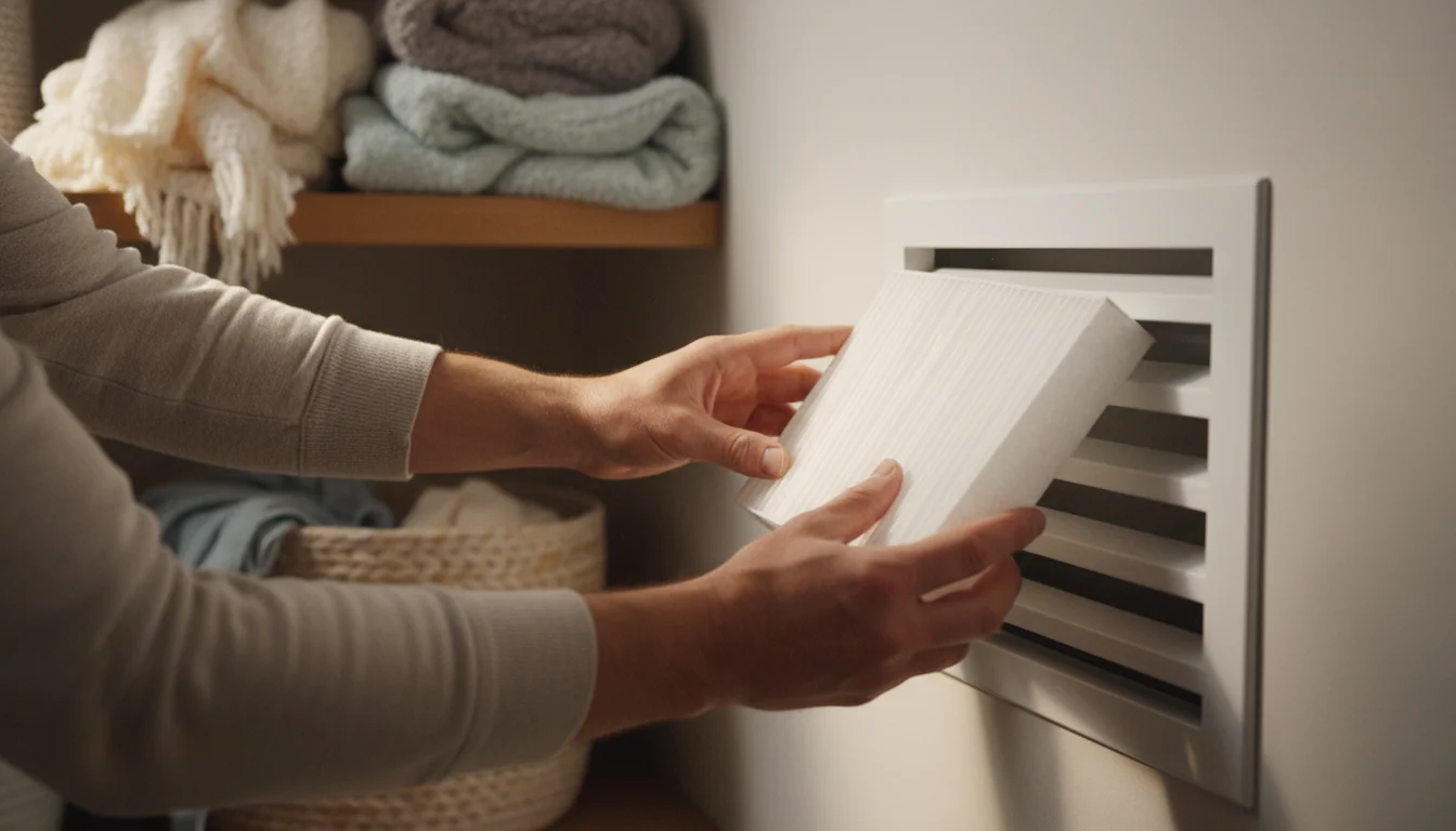 Hands replacing a furnace filter in a home utility area, with cozy blankets and subtle fairy lights on a nearby shelf.