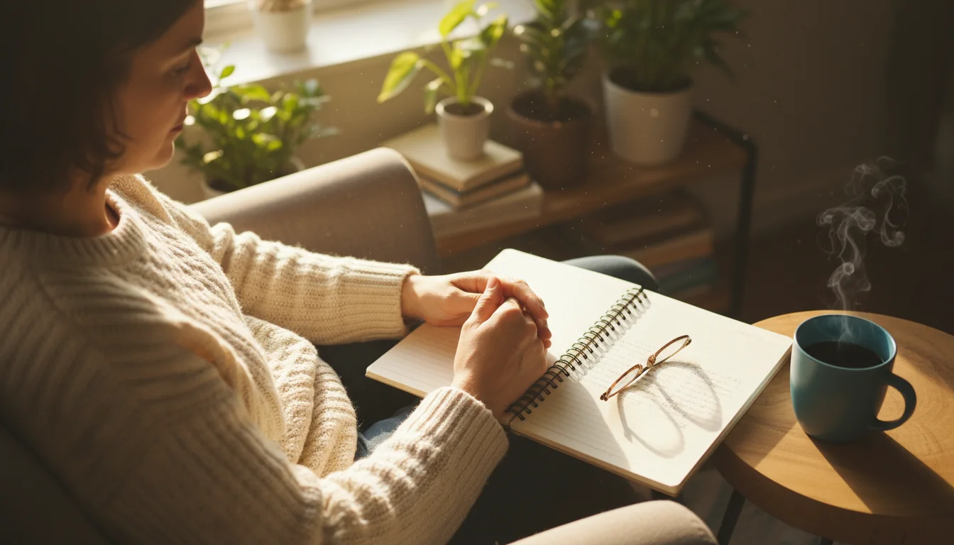 Close-up, slightly overhead view of hands resting on a notebook or tablet, a mug nearby, in a cozy, sunlit armchair.