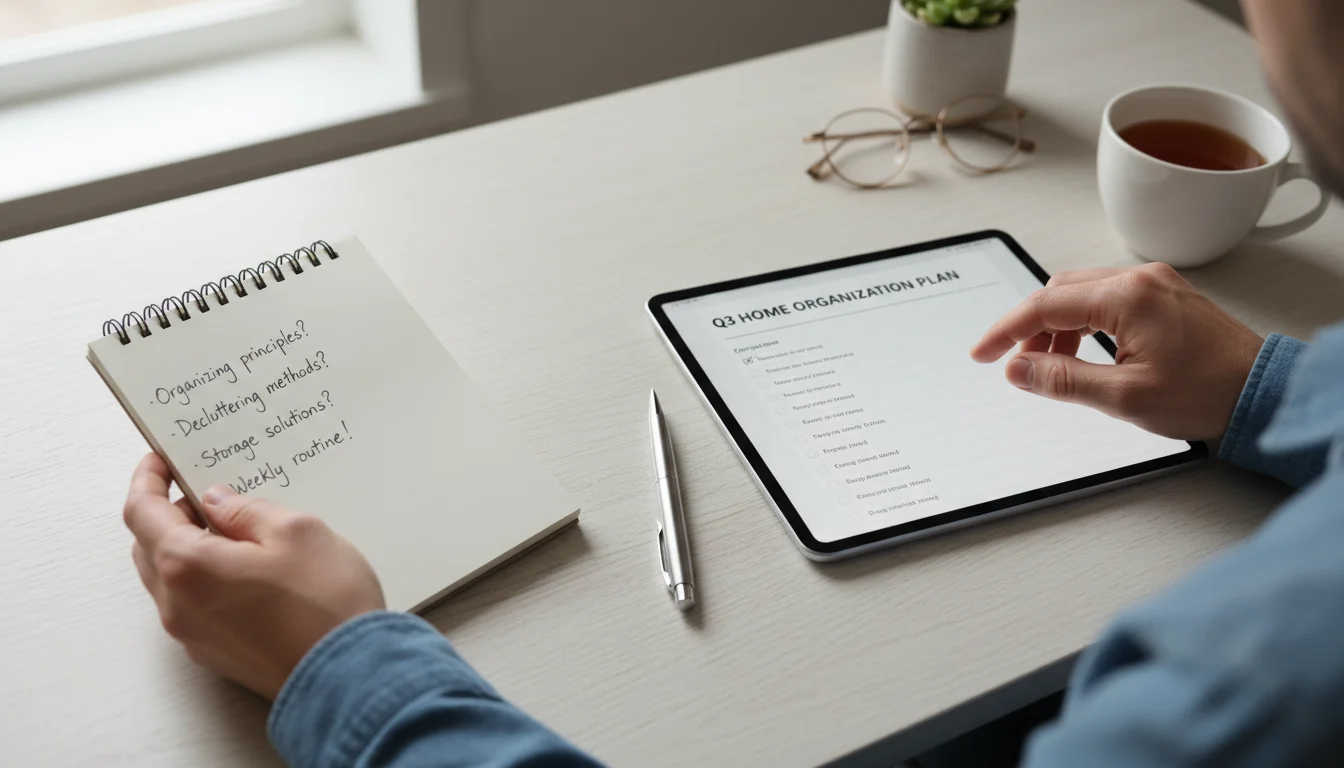 Hands resting on a wooden table, holding an open notebook with handwritten questions next to a tablet showing a digital document.