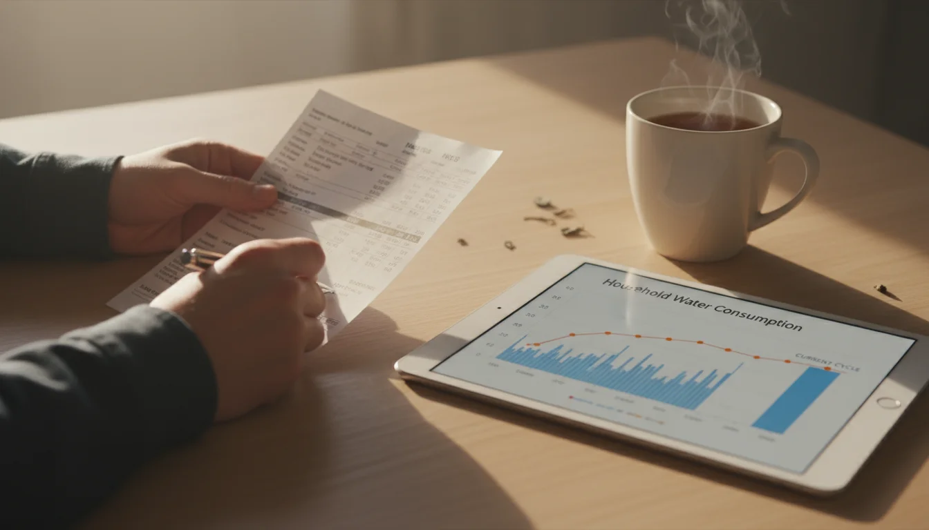Hands reviewing a printed water utility bill alongside a tablet displaying a water usage graph.