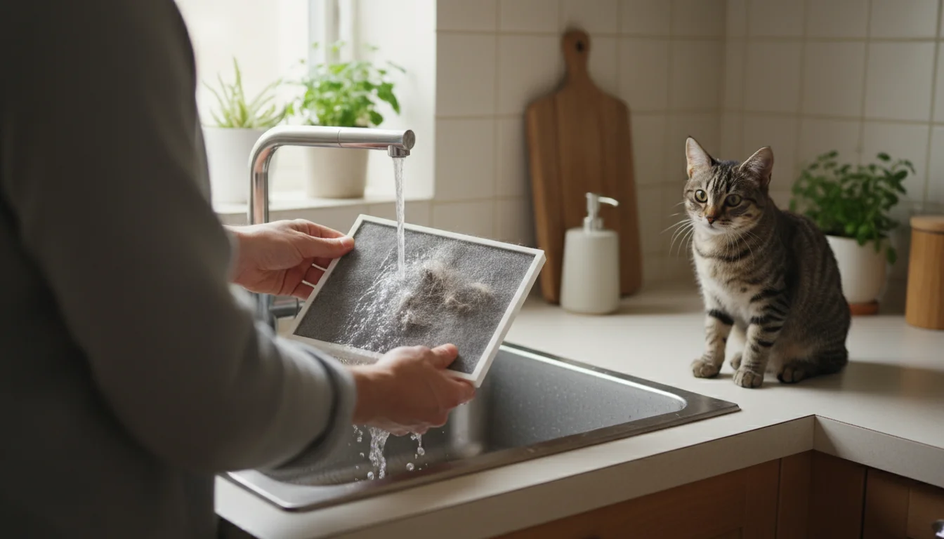 Hands rinsing a pet-hair-laden air purifier pre-filter in a kitchen sink with a tabby cat watching.