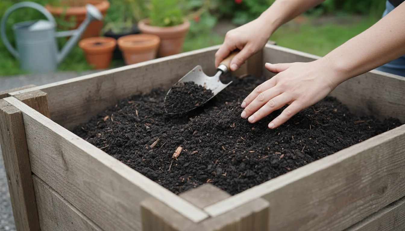 Hands scoop dark, crumbly, finished compost with a trowel from a wooden bin, showing its uniform, rich texture.