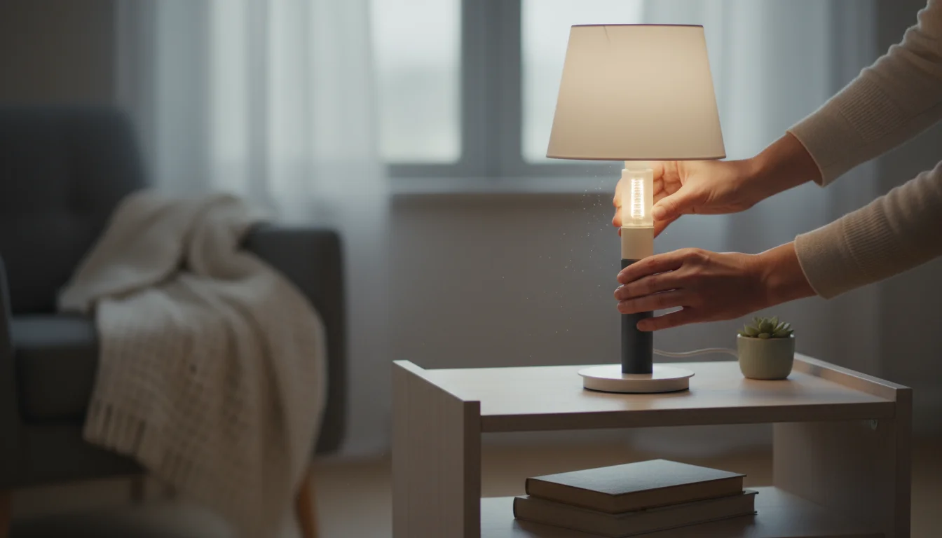 Hands screw a smart LED bulb into a table lamp, which emits a soft, warm white glow in a cozy living room.