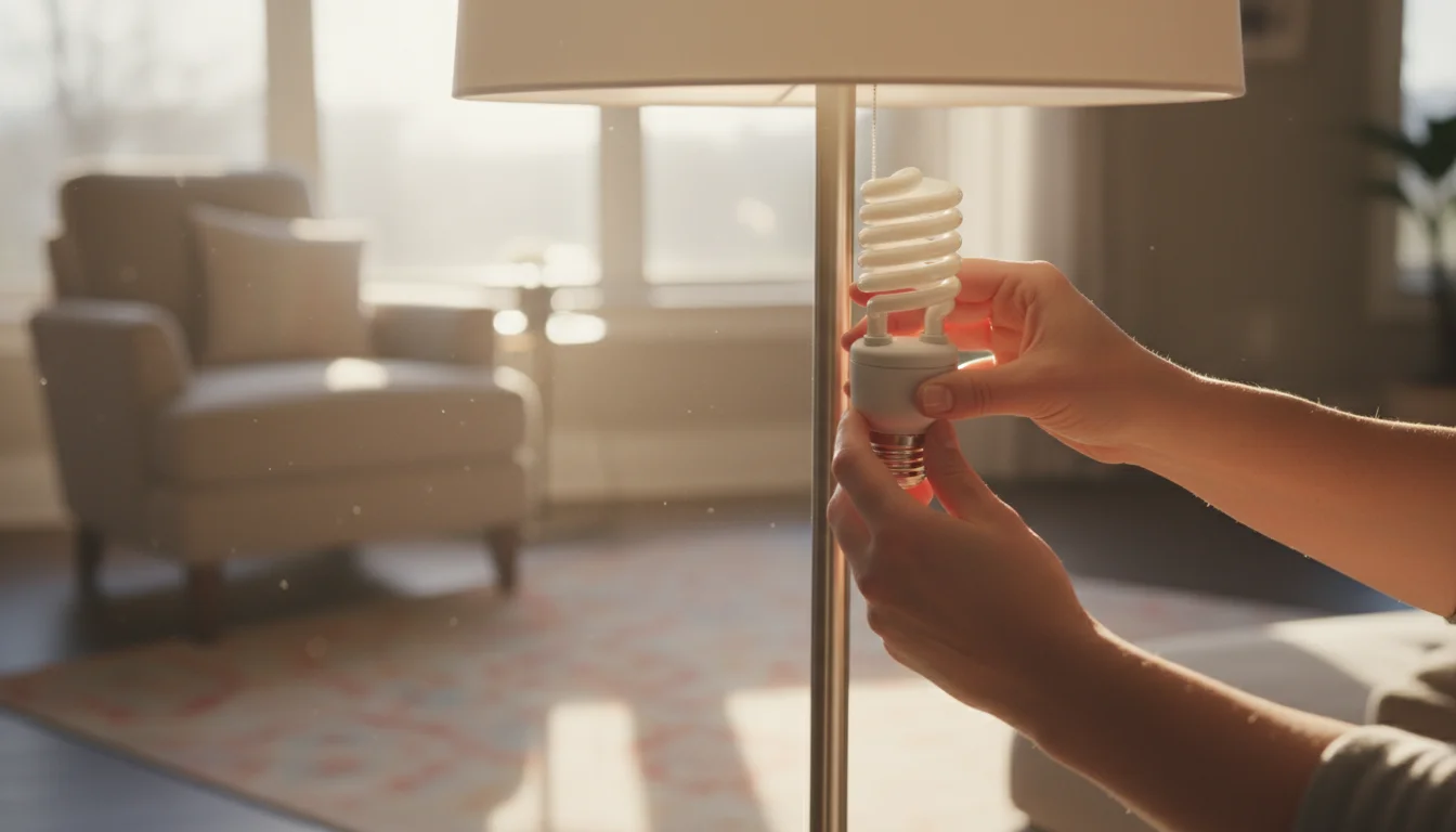 Hands gently screwing an unlit CFL bulb into a floor lamp in a naturally lit living room.