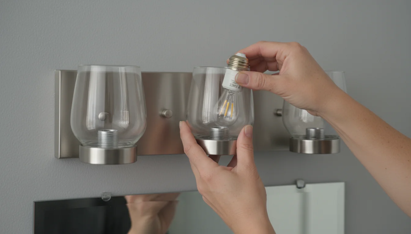 Close-up of hands screwing a warm LED bulb into a bathroom vanity light fixture. Other bulbs softly glow.