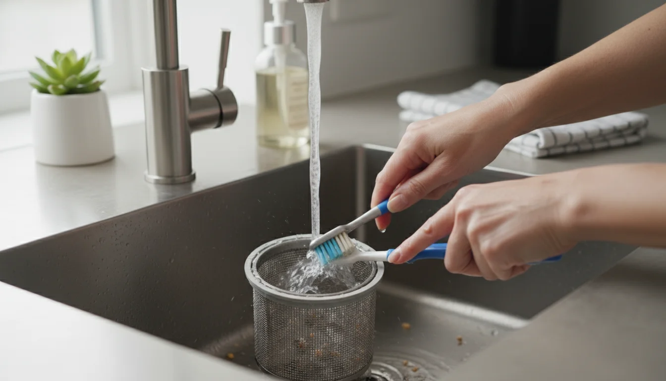 Close-up of hands scrubbing a cylindrical dishwasher filter with an old toothbrush under running water in a modern kitchen sink.