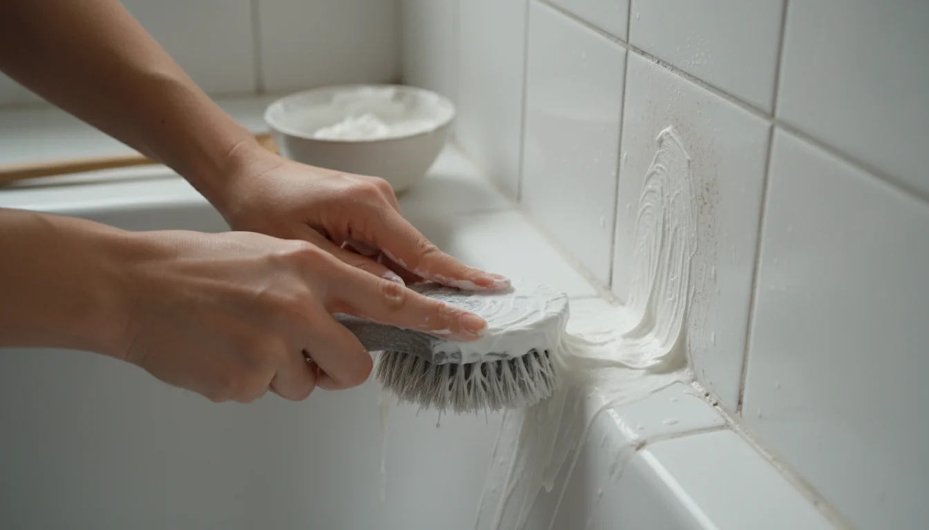 Hands scrubbing a thick white cleaning paste onto wet shower tiles and grout lines with a brush, a bowl of paste nearby on the tub edge.