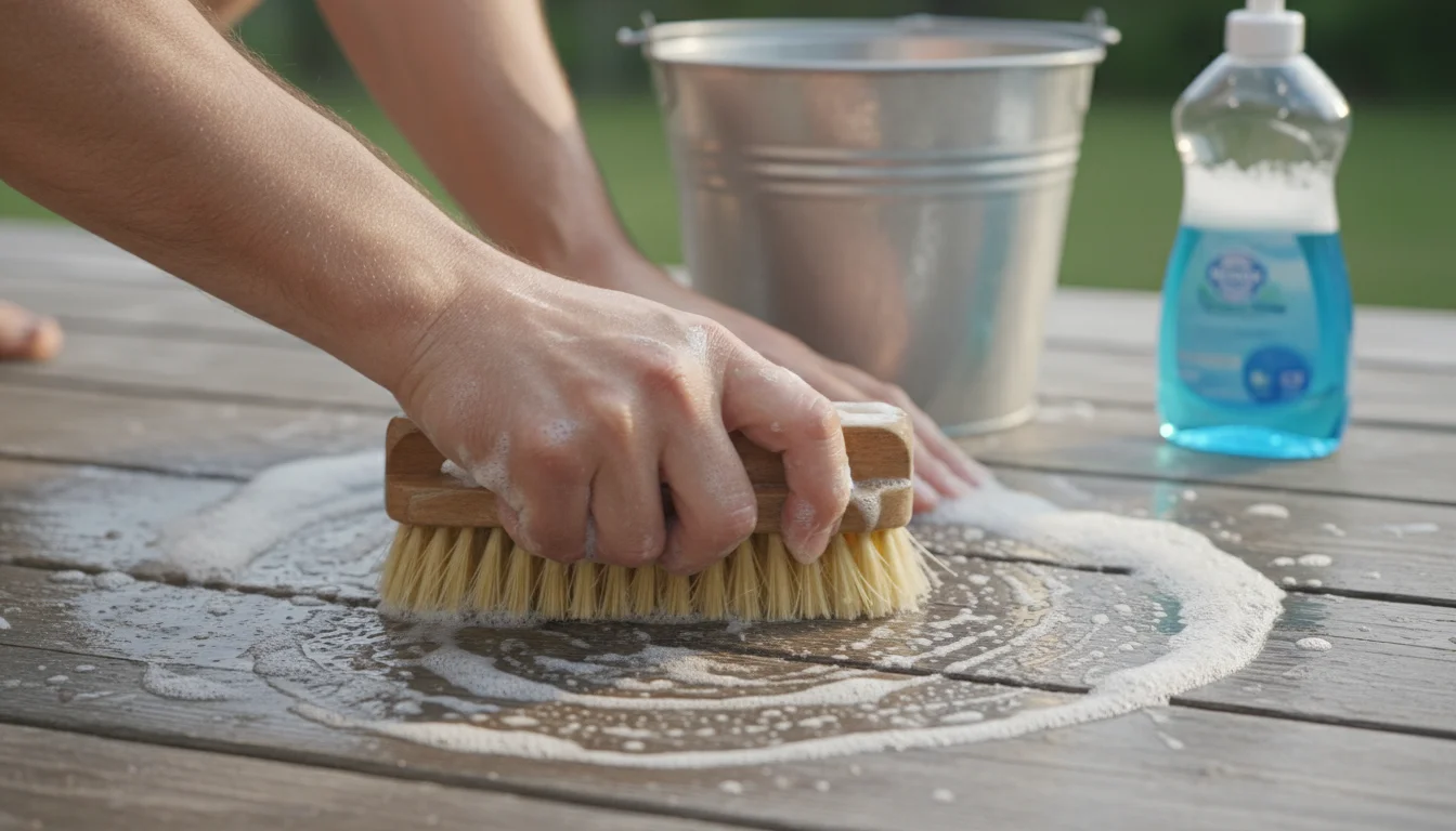 Hands scrubbing a wooden deck with a scrub brush and soapy water in a bucket.