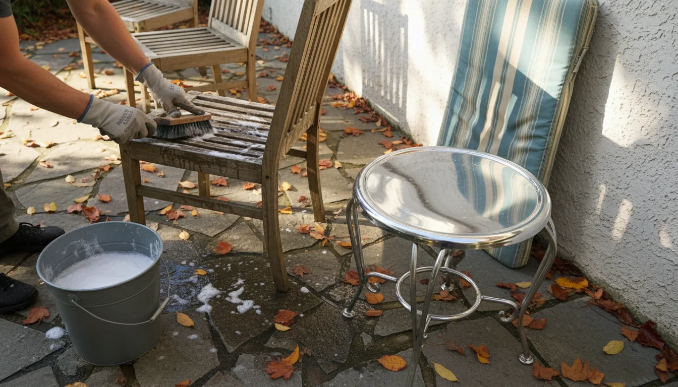 Hands scrubbing a wooden patio chair with a brush and soapy water on a fall patio, with other cleaned items nearby.
