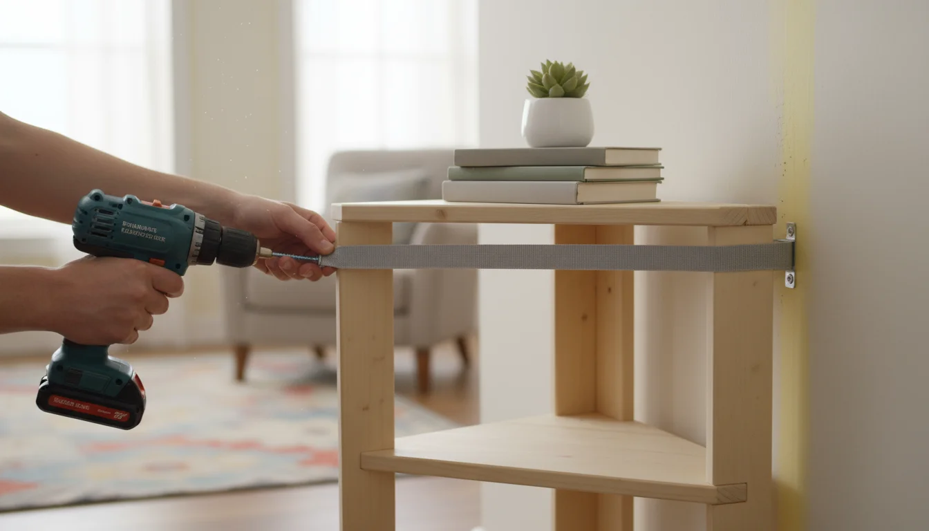 Hands securing an anti-tip strap to the wall behind a light wood corner shelf unit, holding books and a plant.