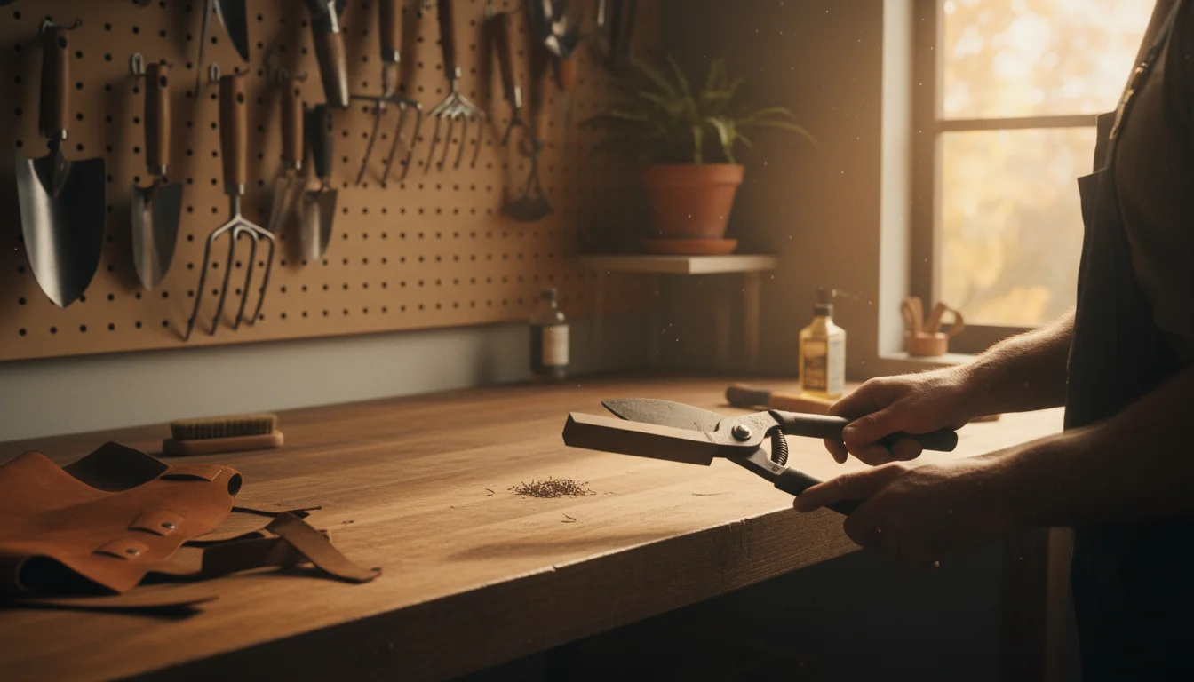Hands sharpening pruning shears on a wooden workbench, with other clean garden tools in the background.