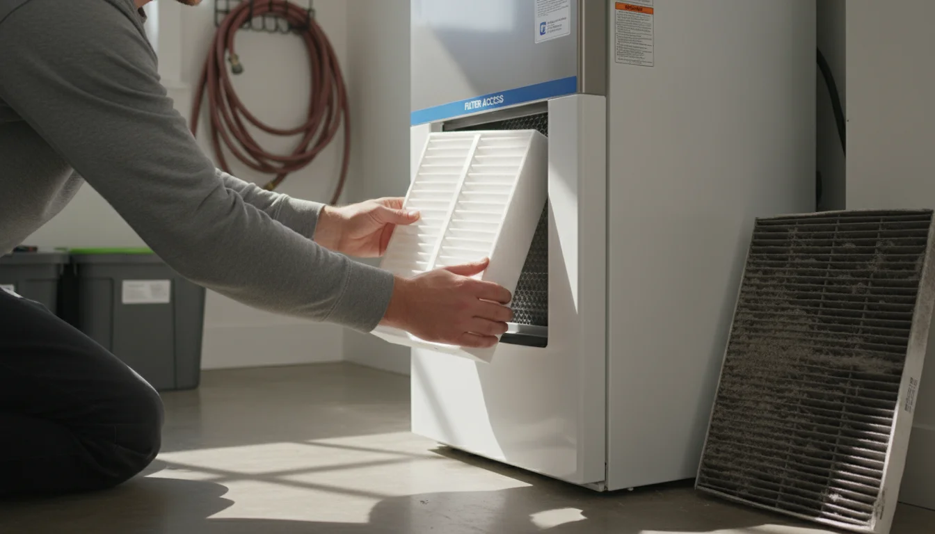 Hands gently slide a new, clean white air filter into a modern furnace, with a dusty old filter nearby.