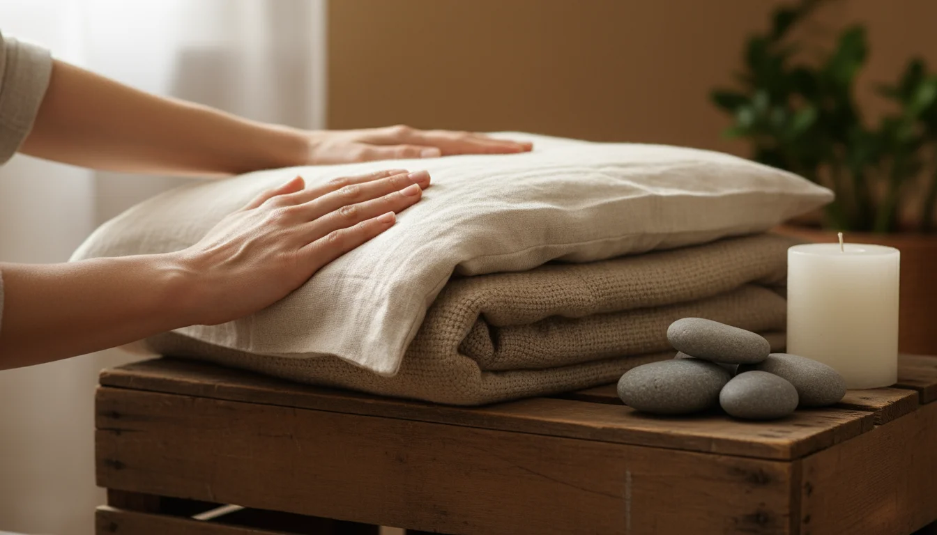 Hands smooth a DIY meditation cushion next to a repurposed wooden crate holding river stones and a candle in a sunlit room.