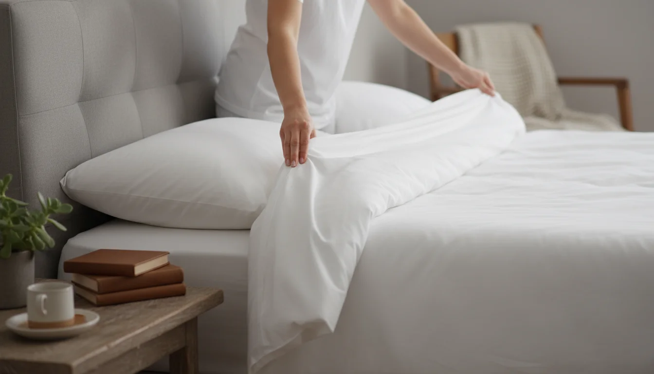 Hands smooth fresh white sheets on a cozy bed. A wooden bedside table holds neatly stacked books and a small green plant, indicating tidiness.