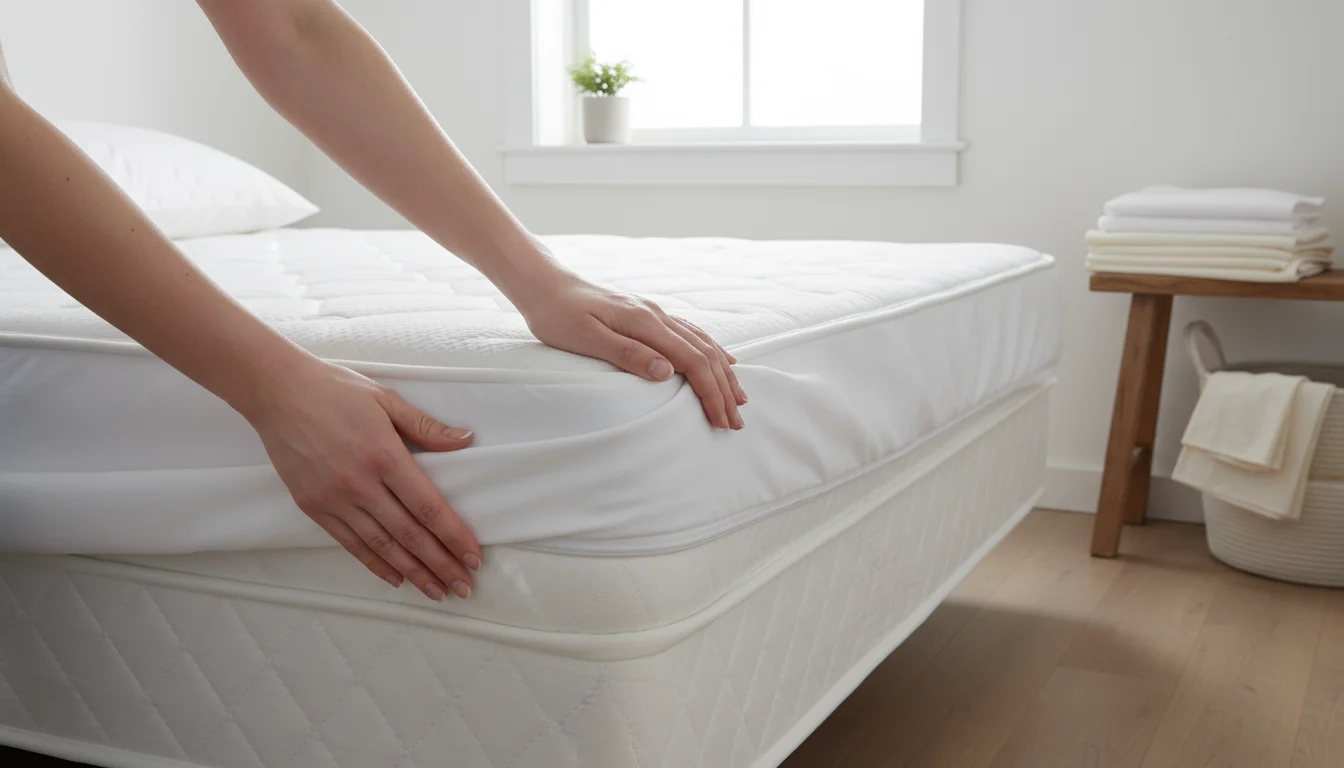 Hands smoothing a white, zippered allergen-proof mattress cover over a mattress corner in a naturally lit bedroom.
