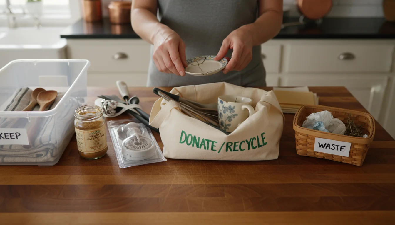 Overhead view of hands sorting everyday kitchen items into 'Keep', 'Donate/Recycle', and 'Discard' containers on a warm wooden counter, bathed in natu