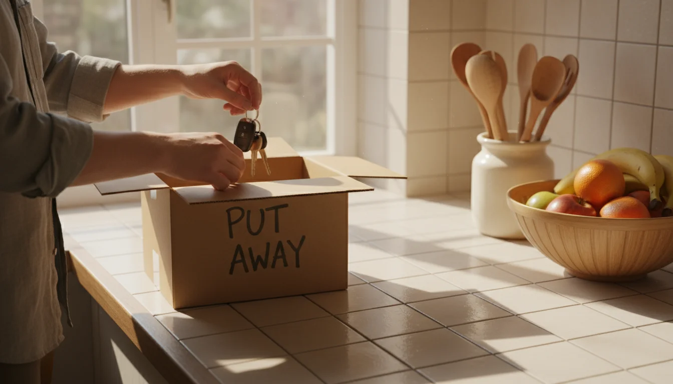 Hands sorting items on a kitchen counter, placing car keys into a