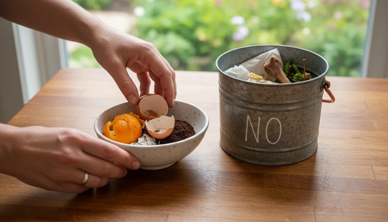 Hands sorting kitchen scraps on a wooden counter, separating compostable fruit peels and coffee grounds from plastic and cooked meat.