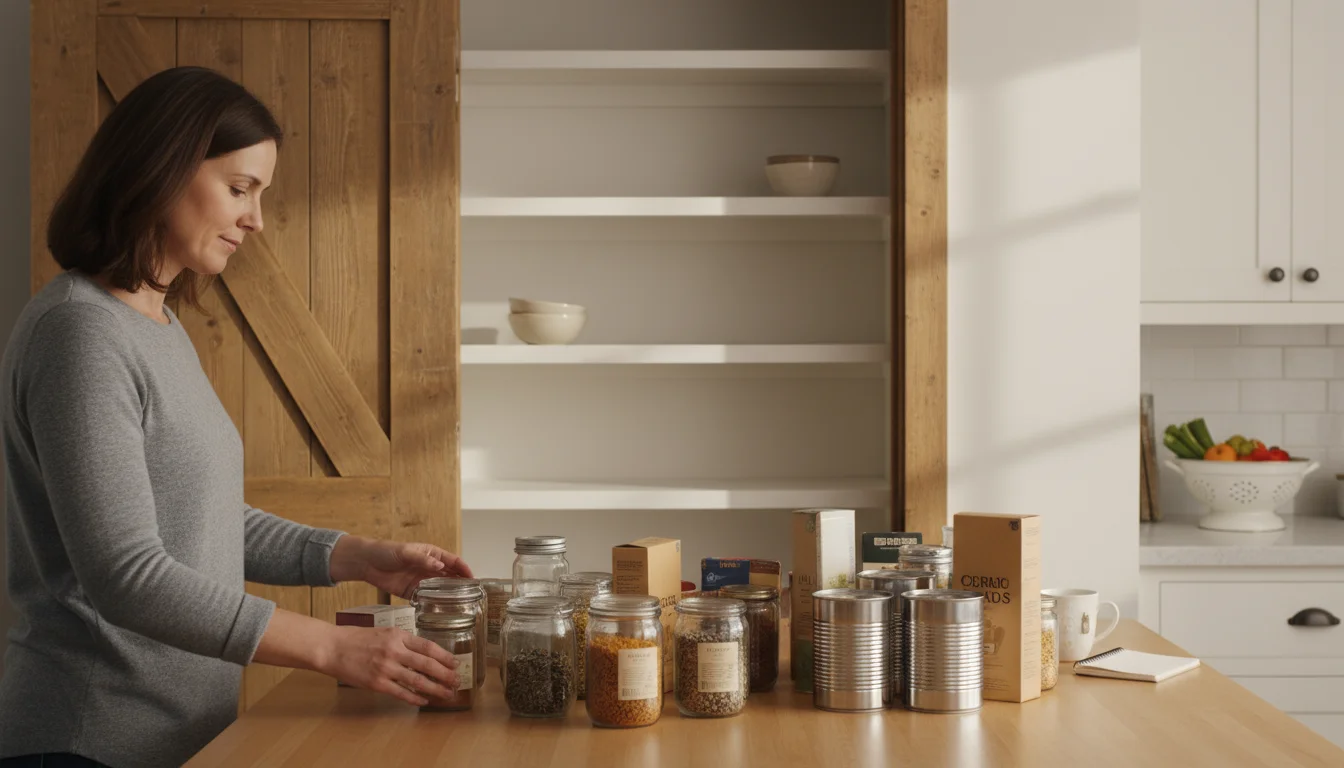 Hands sorting pantry items on a kitchen counter next to sparkling clean, empty pantry shelves, illuminated by natural light.