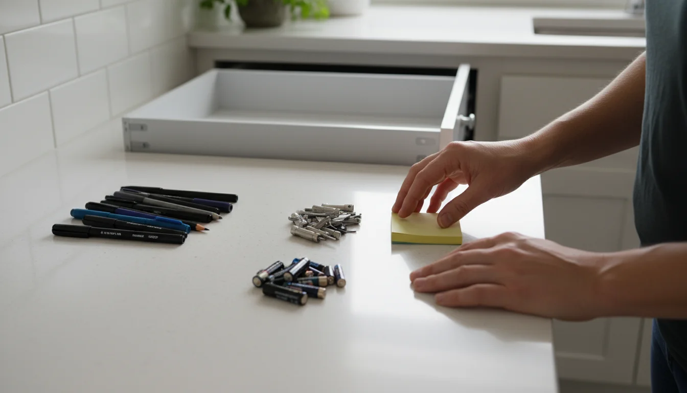Hands sorting small items like pens, tools, and batteries into categories on a counter next to an open drawer.