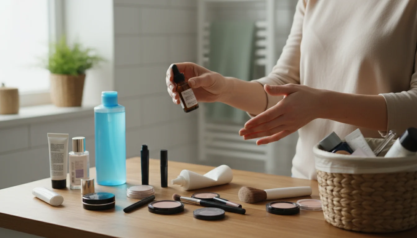 Close-up of hands sorting through various bathroom products like old lotions and shampoos on a counter, with a wastebasket nearby.