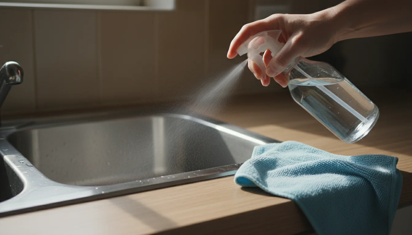 Hands spray a clear bottle of homemade cleaning solution into a stainless steel sink with a blue microfiber cloth nearby on a warm-toned counter.