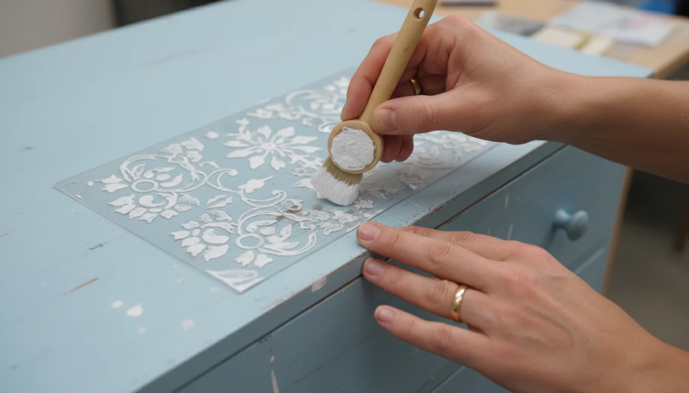 Hands carefully stenciling a delicate white floral pattern onto a light blue distressed wooden drawer front.