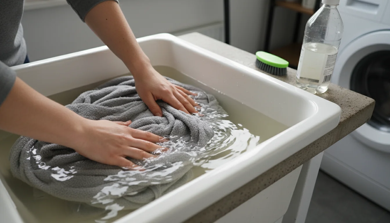 Hands gently submerge a rumpled pet blanket into a utility sink filled with a warm water and vinegar pre-soak solution. A vinegar bottle rests on the 