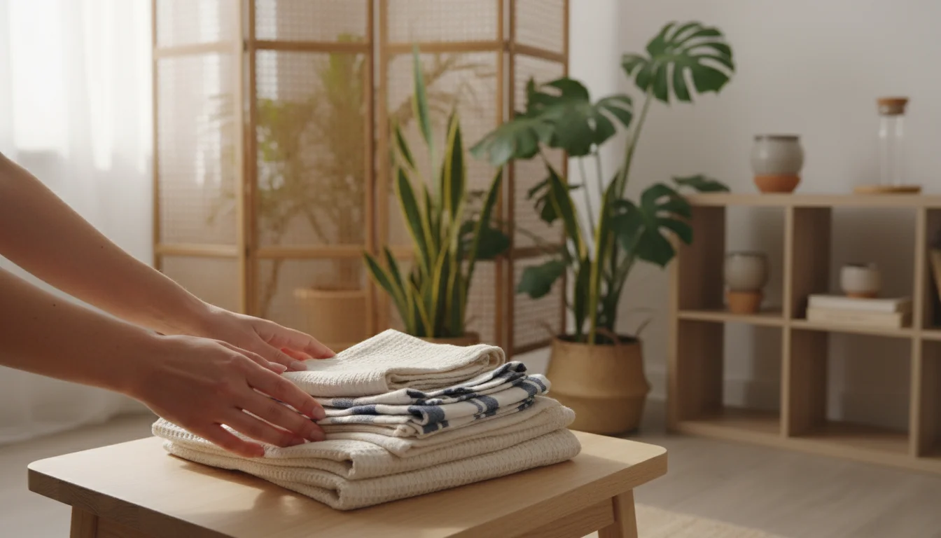 Hands thoughtfully stack neatly folded textiles on a light wooden table, with a soft-focus woven room divider in the background.