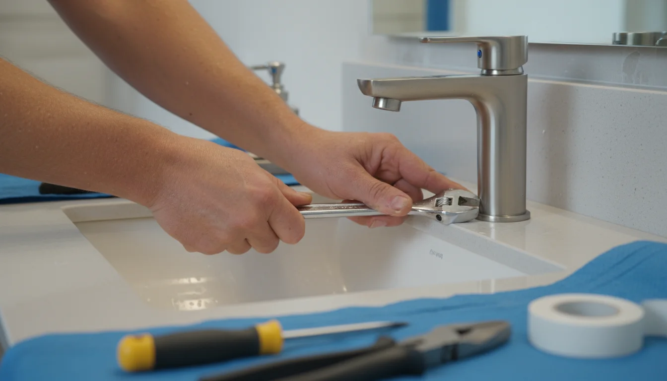 Close-up of hands tightening a new brushed nickel faucet on a white sink with a wrench, simple tools and a rag nearby.