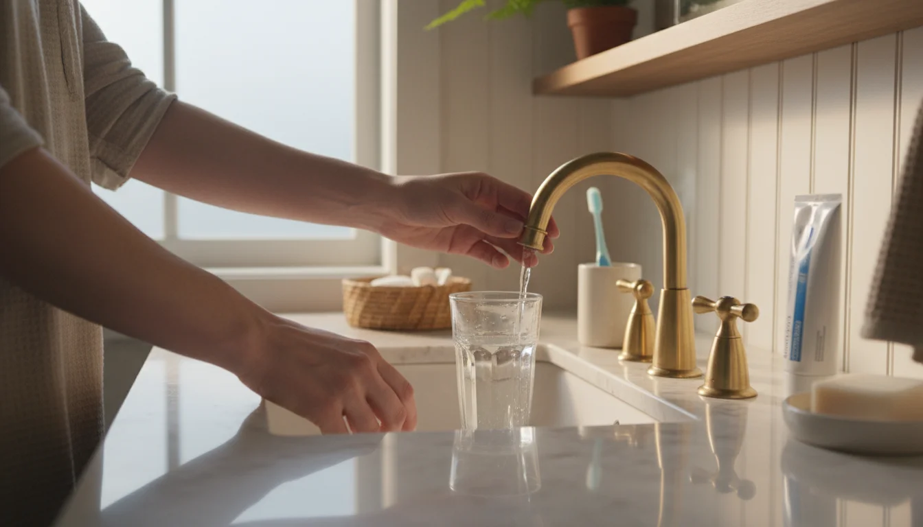 Hands turning off a bathroom faucet, next to a glass of water and toothbrush on a simple sink counter.