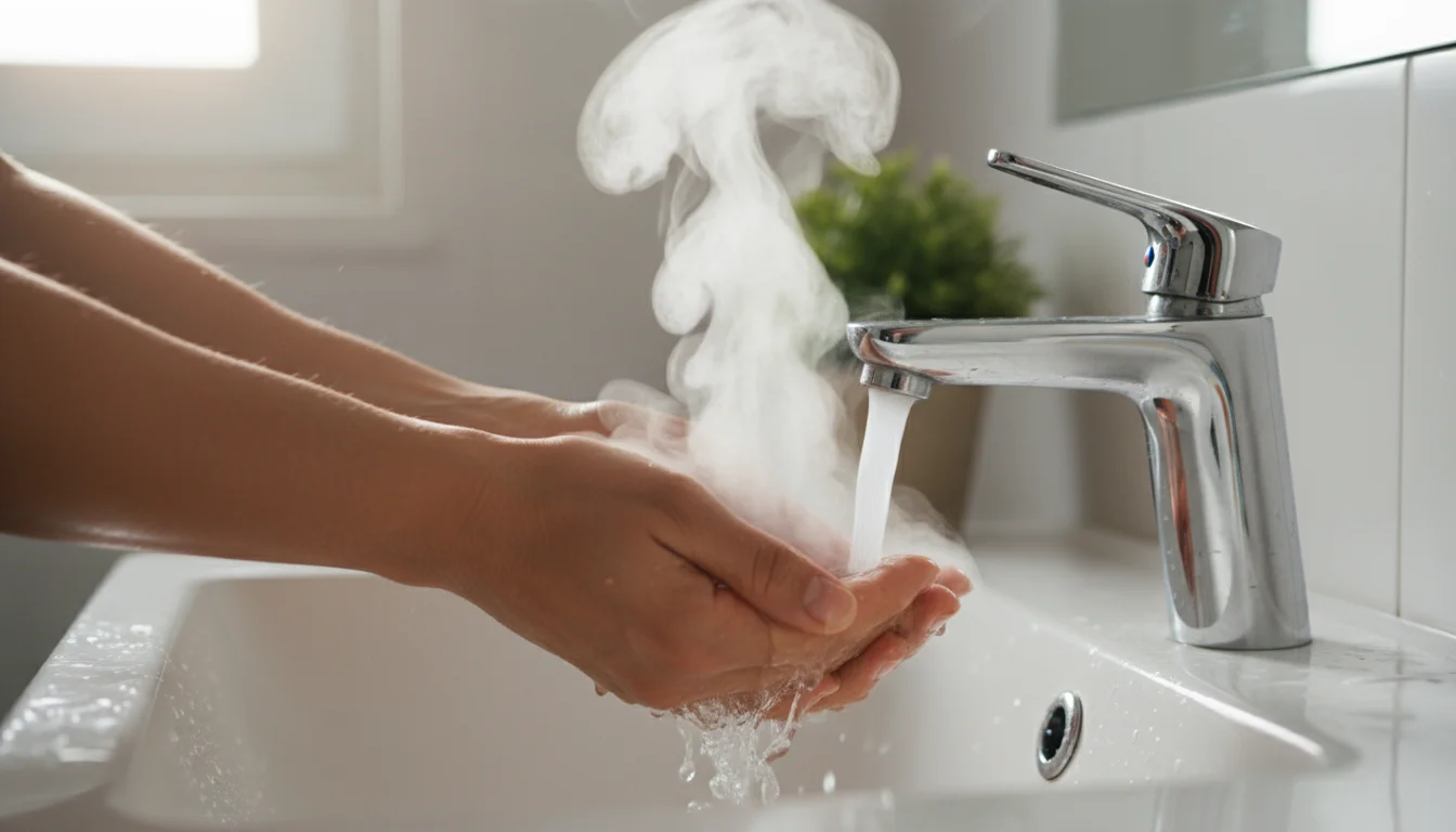 Close-up of hands under a faucet with steam rising from hot water, indicating warmth and reliability in a clean bathroom.