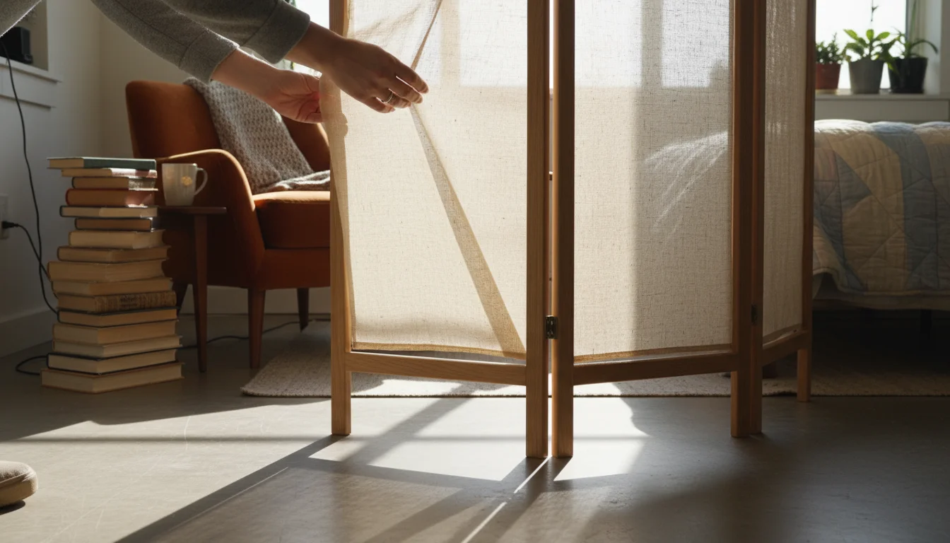 Hands unfold a natural wood and fabric folding screen to divide a studio apartment's living and sleeping areas.