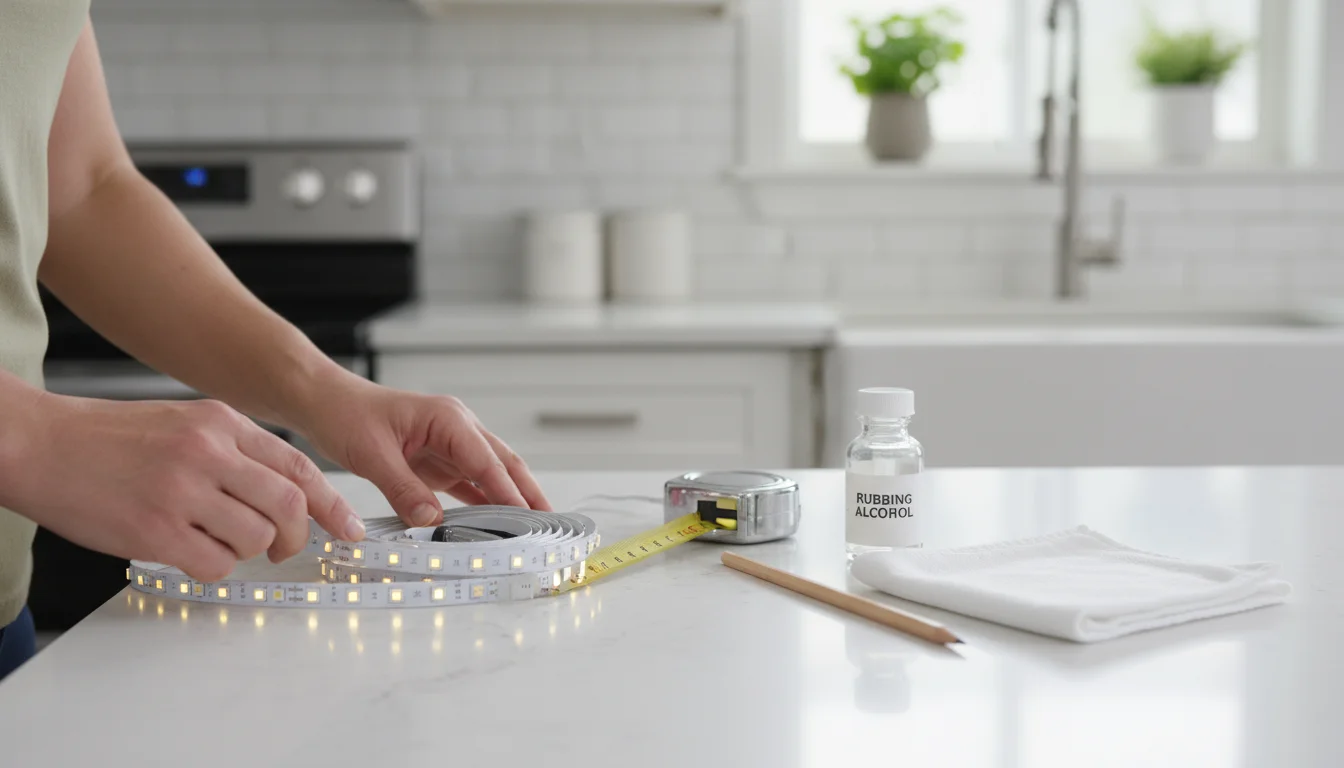 Hands unspooling LED strip lights on a clean kitchen counter next to measuring tape, pencil, rubbing alcohol, and cloth.